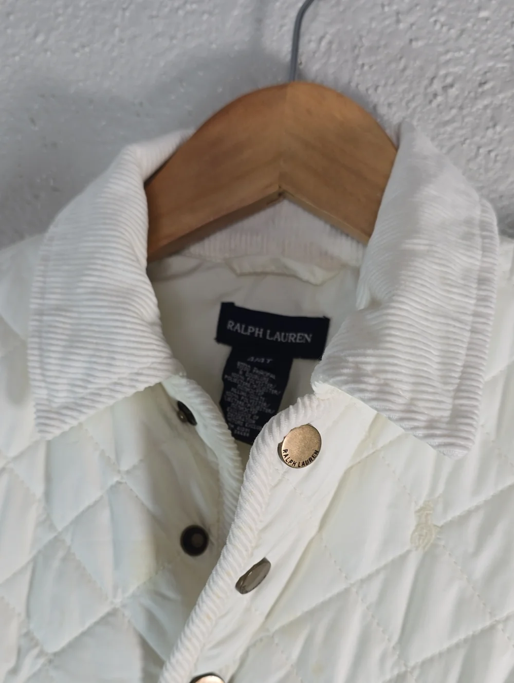 Ralph Lauren Girls' Cream Quilted Puff Jacket with Corduroy Collar